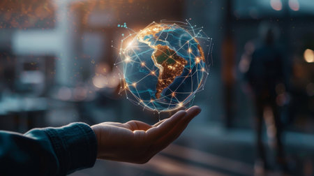 Global Connectivity: Holographic Earth in Handの素材