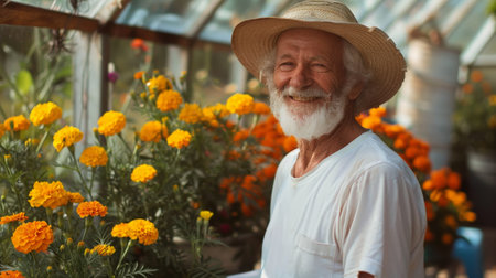 Happy Senior Farmer with Seedlings in a Sustainable Greenhouseの素材