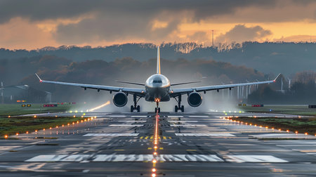 Majestic Commercial Airplane Ascending During Early Morning with Misty Dawn Light Reflecting on Runwayの素材