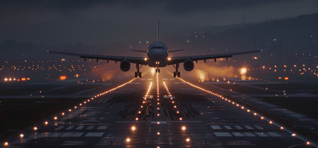 Majestic Commercial Airplane Ascending During Early Morning with Misty Dawn Light Reflecting on Runwayの素材