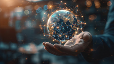 Global Connectivity: Holographic Earth in Handの素材