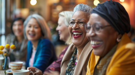 Joyful Multiethnic Senior Women Sharing a Laugh at a Cozy Cafeの素材