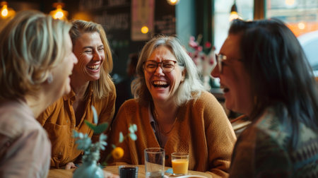 Joyful Multiethnic Senior Women Sharing a Laugh at a Cozy Cafeの素材