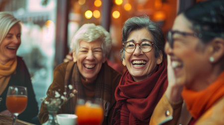 Joyful Multiethnic Senior Women Sharing a Laugh at a Cozy Cafeの素材