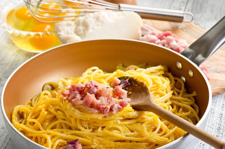 spaghetti carbonara on casseroleの写真素材