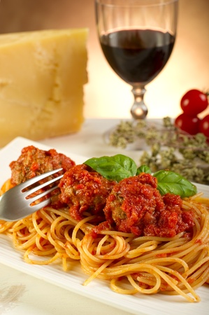 spaghetti with meatballs and tomatoes sauceの写真素材