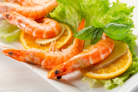 shrimp and green saladの写真素材