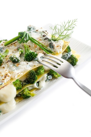 vegetatarian lasagne with broccoli and spinachの写真素材