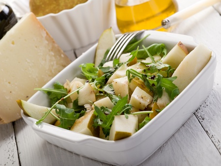cheese and pears salad with baslamic vinegar and olive oilの写真素材