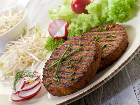 vegetarian hamburger with soy sprout radish and saladの写真素材