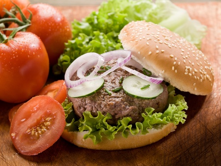 sandwich with hamburger and slice vegetablesの写真素材