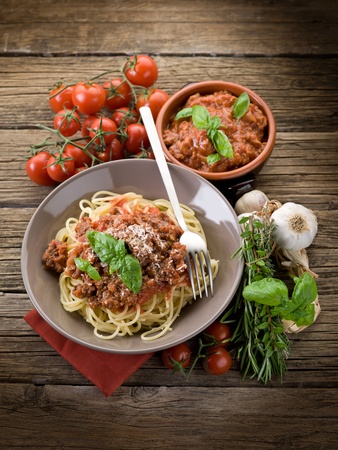 spaghetti bolognese with ragout sauce and parmesan cheeseの写真素材