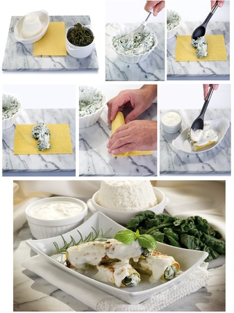 collage preparation cannelloni ricotta e spinachの写真素材