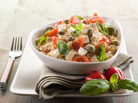vegetarian rice salad with tofu and brown riceの写真素材