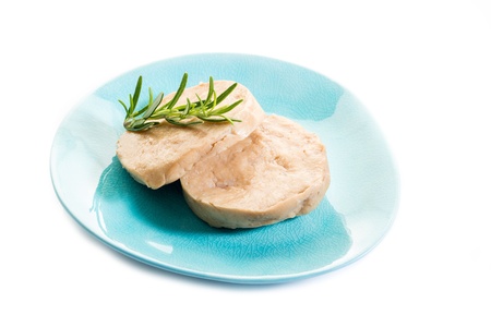 seitan steack over blue dish 