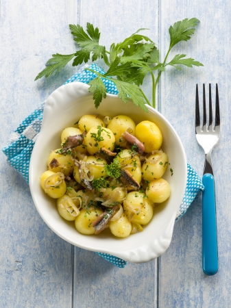 potatoes salad with anchovies onions and parsleyの写真素材