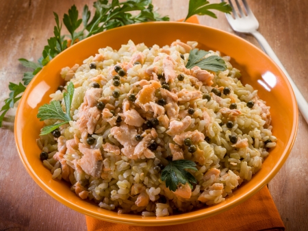 risotto with fresh salmon and green pepperの写真素材