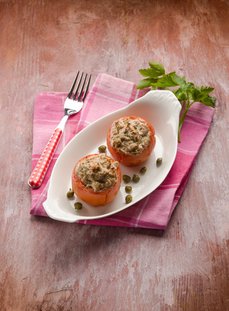 stuffed tomatoes with tuna and capersの写真素材