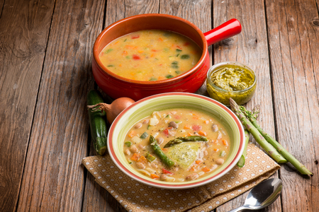 soup vegetable with asparagus and pesto sauceの写真素材