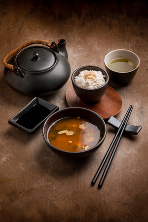 miso soupe with rice and matcha teaの写真素材