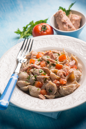 pasta with tuna and fresh tomatoes, selective focusの写真素材