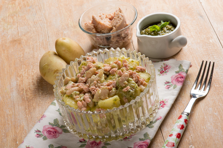 Salad with tuna cannellini beans potatoes and pesto sauceの写真素材