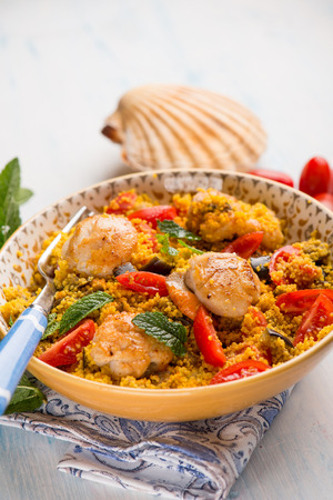 couscous with scallop eggplant and tomatoesの写真素材