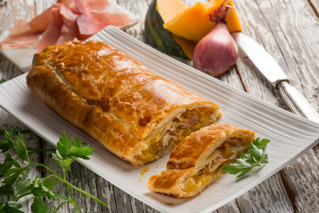 strudel puff pastry with parma ham and pumkinの写真素材
