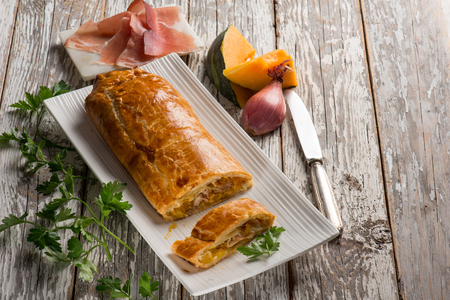 strudel puff pastry with parma ham and pumkinの写真素材