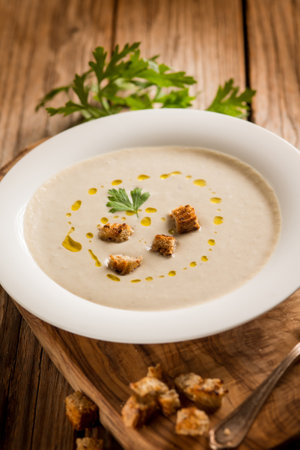 leek soup with toasted slice breadの写真素材