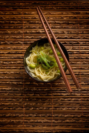 Japanese noodles with seaweed and edamameの写真素材