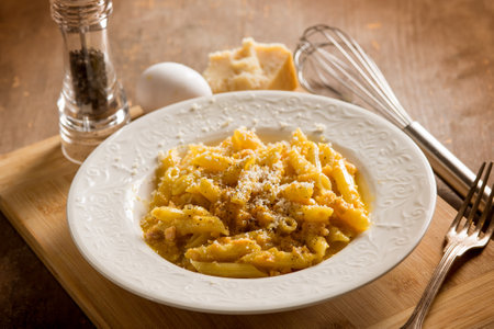 smoked salmon carbonara, gourmet italian recipeの写真素材