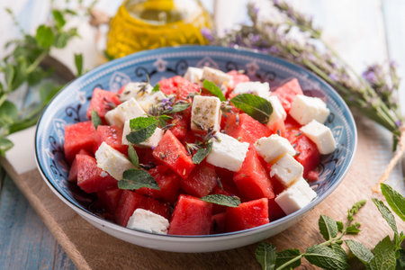 watermelon salad with feta cheese mint and lavender flowersの写真素材