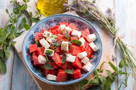 watermelon salad with feta cheese mint and lavender flowersの写真素材