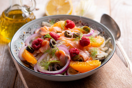 fesh salad with salmon fennel, raspberry and orangeの写真素材