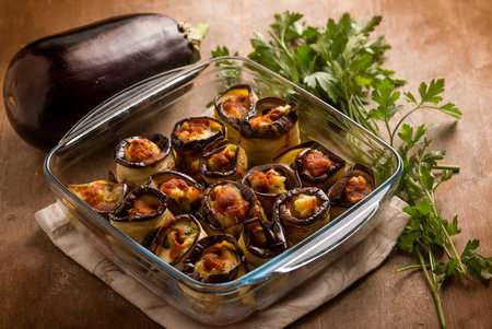 stuffed eggplants rolls with parmesan mozzarella cheeseの写真素材