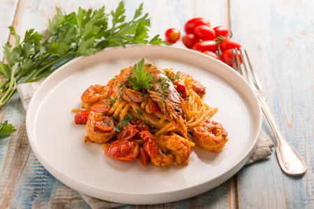 linguine with giant shrimp cherry tomatoes and parlseyの写真素材