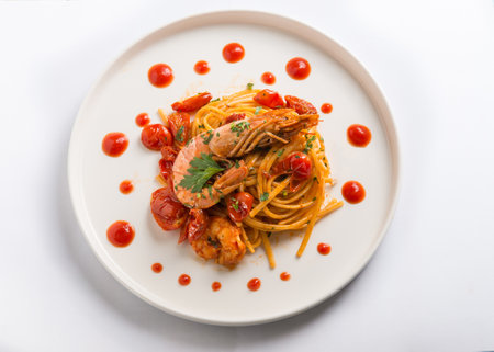 linguine with giant shrimp cherry tomatoes and parlseyの写真素材