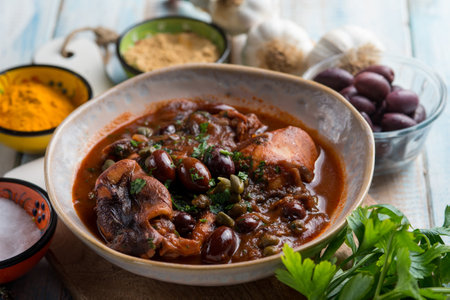 stewed polyps with tomato sauce black olives capers and parsleyの写真素材
