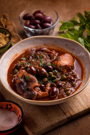 stewed polyps with tomato sauce black olives capers and parsleyの写真素材