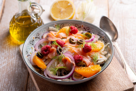 fesh salad with salmon fennel, raspberry and orangeの写真素材