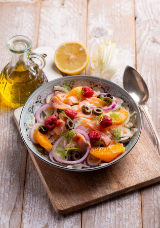 fesh salad with salmon fennel, raspberry and orangeの写真素材