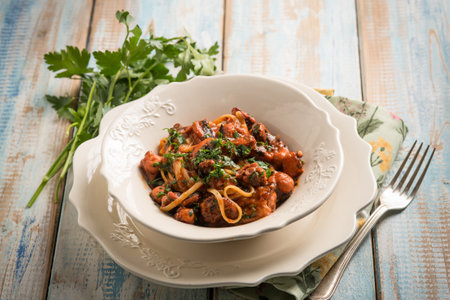 pasta with octopus ragout traditional Italian recipeの写真素材