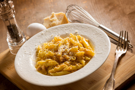smoked salmon carbonara, gourmet italian recipeの写真素材