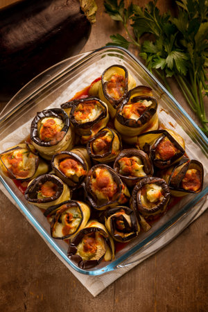 stuffed eggplants rolls with parmesan mozzarella cheeseの写真素材