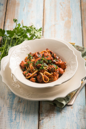 pasta with octopus ragout traditional Italian recipeの写真素材