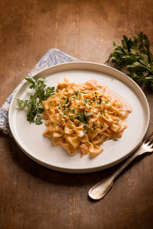 butterfly pasta with smoked salmon cream sauce and parsleyの写真素材