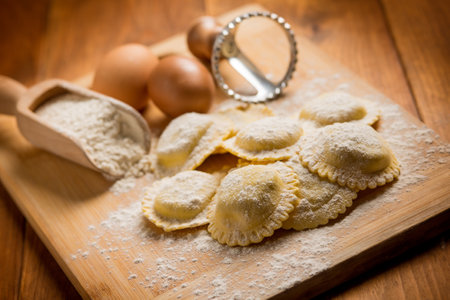 Homemade italian ravioli with flour and eggsの写真素材