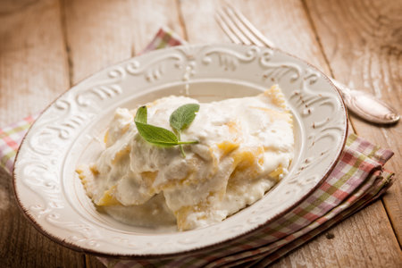 Italian ravioli with cheese fresh cream and sageの写真素材