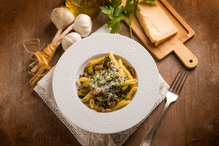 pasta with eggplants, zucchini and parmesan cheeseの写真素材